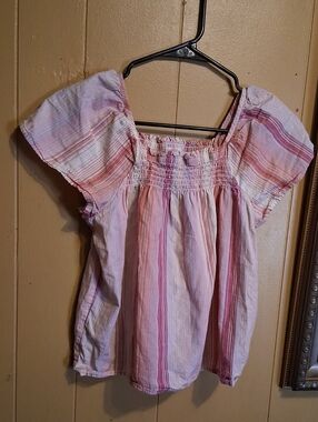 wonder nation Pink & White Striped Smocked Flutter Top
